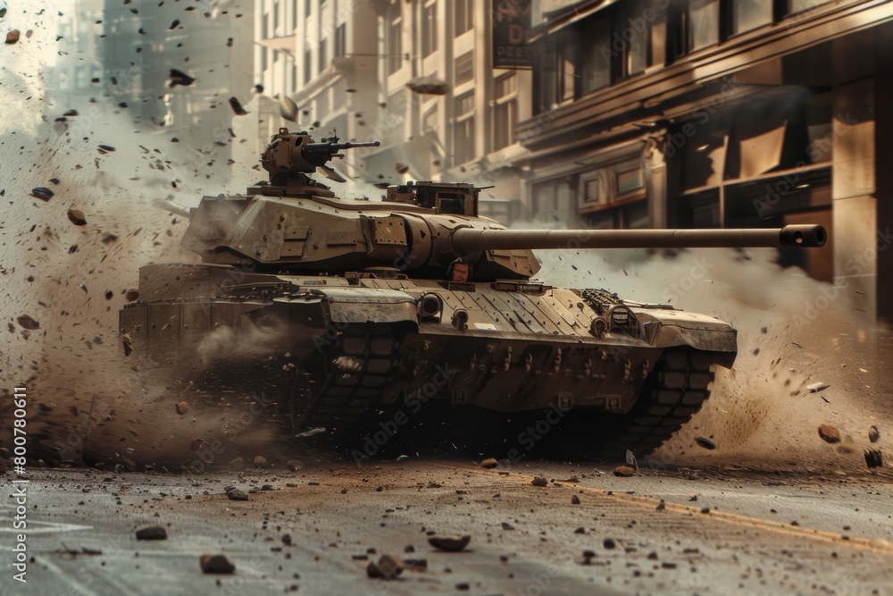 A dynamic shot of an Military tank M1 Abrams crashing through a barricade into a city street Dust and debris explode outward A dynamic shot of an Military tank M1 Abrams crashing through a barricade into a city street Dust and debris explode outward