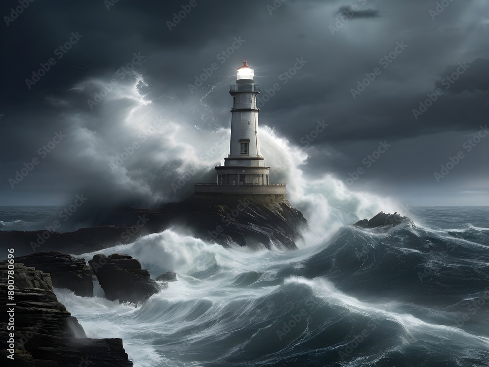 illustration of waves crashing against a remote lighthouse. sea ​​waves and the resilience of the lighthouse in the face of bad weather. generative ai