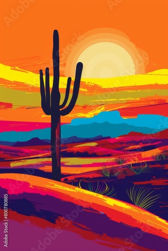 A lone cactus silhouetted against a pop art desert sunset, bold colors, graphic shapes