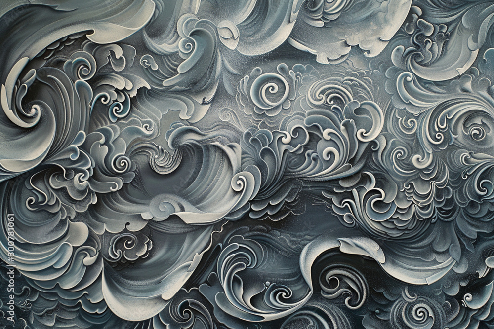 An abstract painting, intricate Thai patterns swirling in shades of gray An abstract painting, intricate Thai patterns swirling in shades of gray