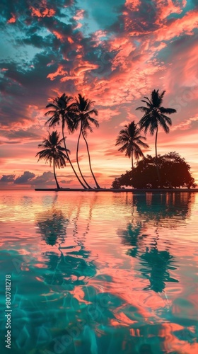 A panorama of a tropical island at sunset  capturing fiery colors painting the sky  palm trees silhouetted against the horizon