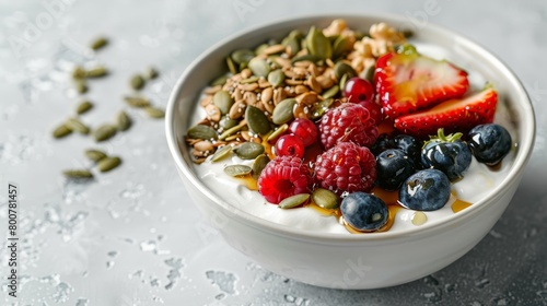 Healthy breakfast bowl featuring yogurt  fresh berries  and a scattering of pumpkin seeds  drizzled with honey  presented on an isolated white surface  studio lighting  in raw style