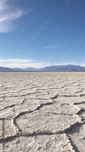 A panoramic view of a salt flat cracked into geometric patterns  stretching towards distant mountains