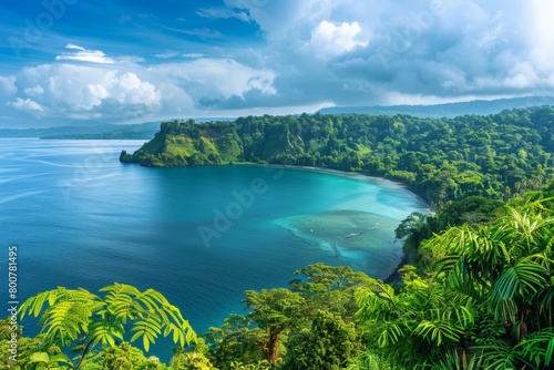 A panoramic view of a long, pristine beach stretching towards the horizon, flanked by lush green hills and crystal-clear turquoise water