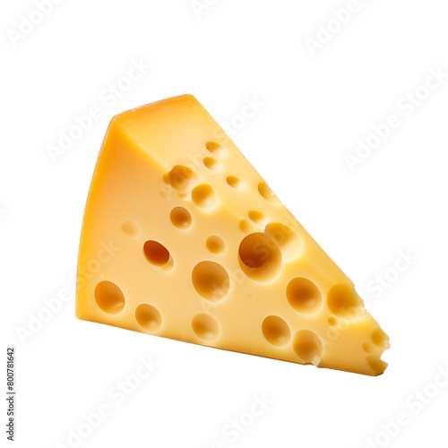 Wedge of Swiss cheese with distinctive holes, on a transparent background, symbolizing dairy products. Generative AI