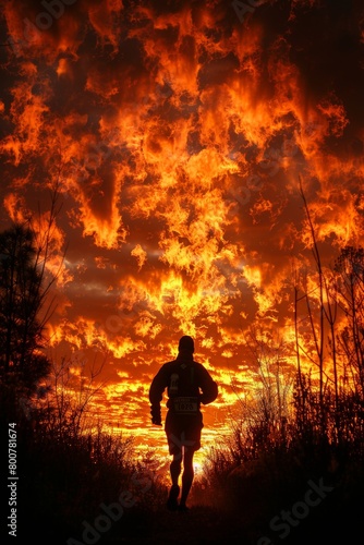 A runner silhouetted against a fiery sunset