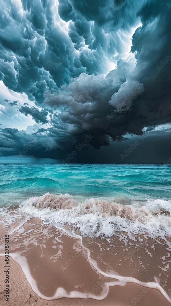 Fototapeta premium A storm brewing over the ocean, dark clouds contrasting with turquoise water, panoramic format