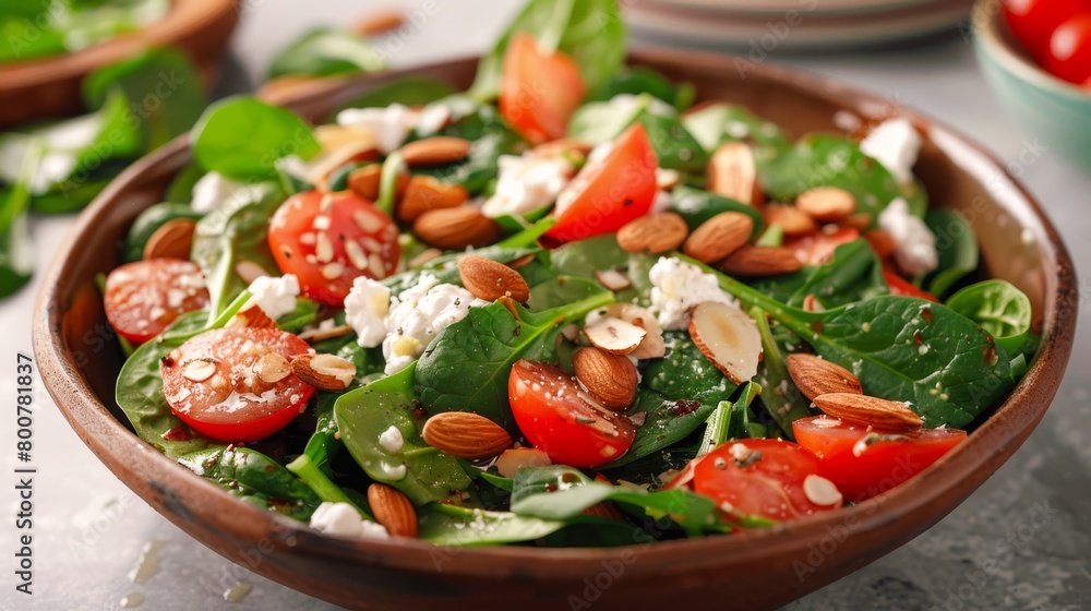 Gourmet spinach salad, featuring roasted almonds and goat cheese, elegantly arranged, ideal for a culinary presentation Gourmet spinach salad, featuring roasted almonds and goat cheese, elegantly arranged, ideal for a culinary presentation
