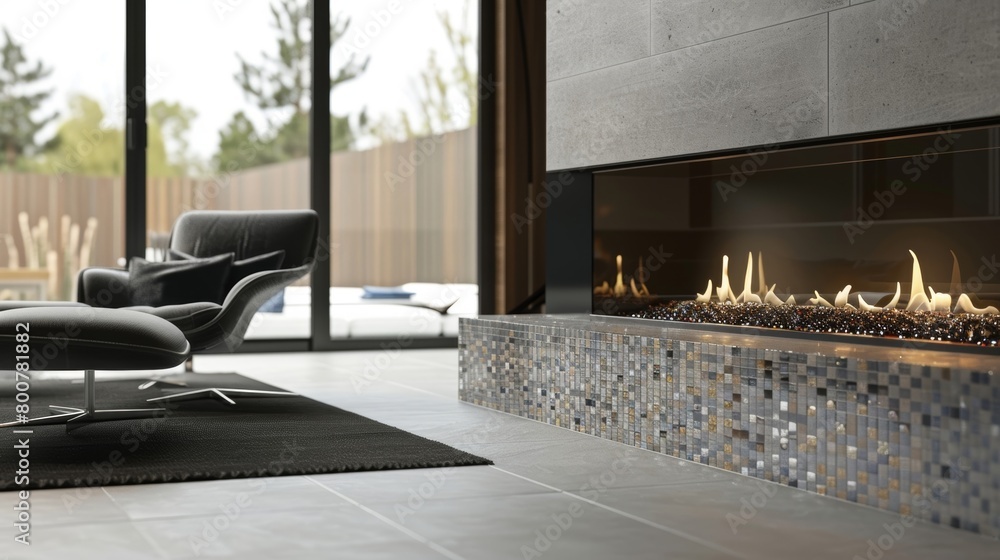 Naklejka premium The fireplaces floating hearth is adorned with a bold mosaic design bringing a pop of color and texture to the minimalist room. 2d flat cartoon.