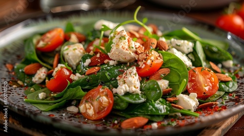 Gourmet spinach salad, featuring roasted almonds and goat cheese, elegantly arranged, ideal for a culinary presentation