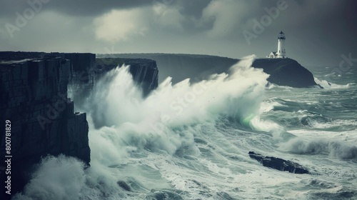 A storm-tossed coastline, crashing waves against jagged cliffs, a lone lighthouse piercing the mist