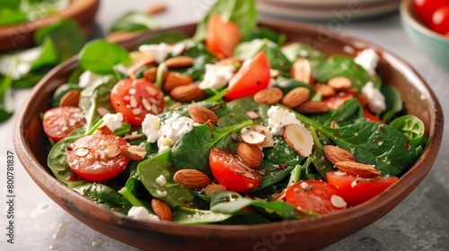 Gourmet spinach salad, featuring roasted almonds and goat cheese, elegantly arranged, ideal for a culinary presentation