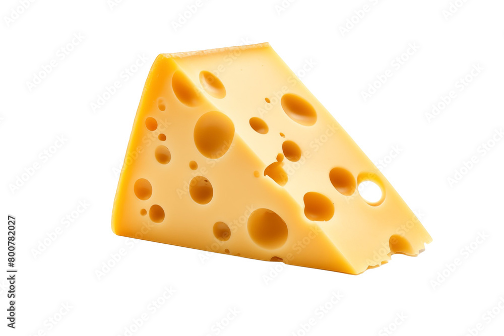 Wedge of Swiss cheese with distinctive holes, on a transparent background, symbolizing dairy products. Generative AI