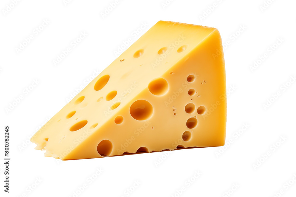 Wedge of Swiss cheese with distinctive holes, on a transparent background, symbolizing dairy products. Generative AI Wedge of Swiss cheese with distinctive holes, on a transparent background, symbolizing dairy products. Generative AI