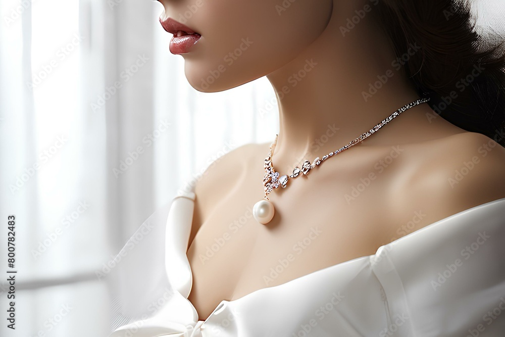 Beauty wearing a white pearl necklace , fine jewelry concept picture.