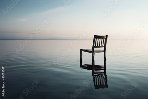 Chair standing in middle of a peaceful water surface, muted colors , sorrow or loneliness concept image. photo