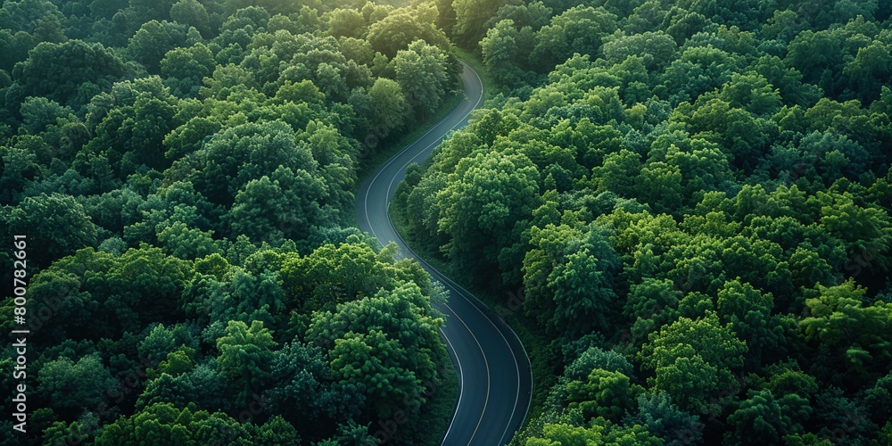 Birds-eye view of green forest below, separated by winding asphalt road. Luxurious aesthetic background. Generative AI Birds-eye view of green forest below, separated by winding asphalt road. Luxurious aesthetic background. Generative AI