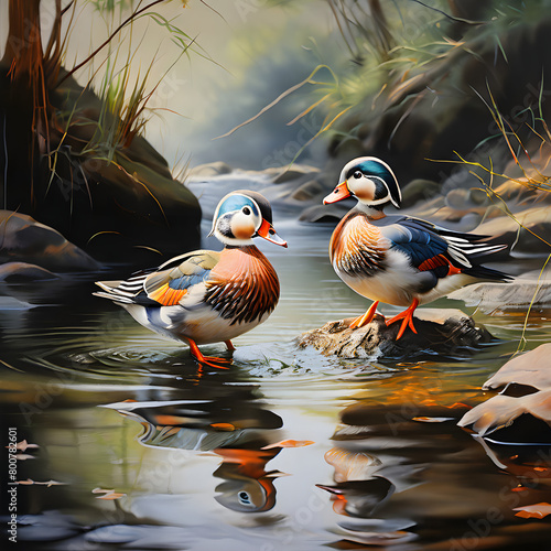 A pair of mandarin ducks playing in a clam stream in a quiet deep valley