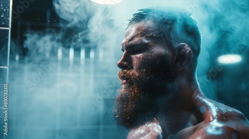 A photograph of a MMA fighter in a sauna with a caption highlighting how regular sauna use can improve endurance and stamina.. photo