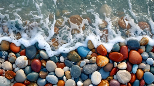 A serene beach landscape at Vauville with a calm sea: gentle waves lapping at colorful pebbles on the shore's edge. photo