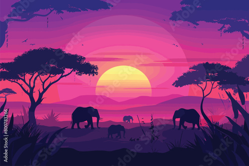 African elephants with sunset, Silhouettes of trees and elephants sunset background, Elephants at sunset, Vector illustration