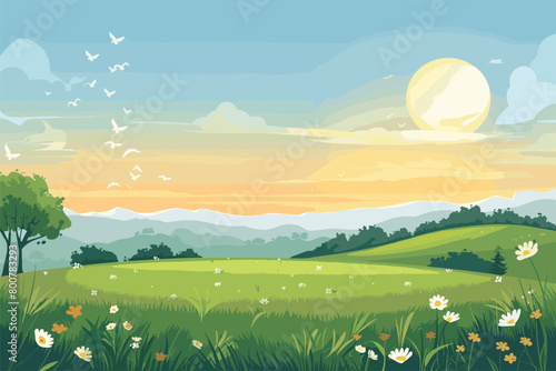 landscape with trees and flowers, Evergreen grassland in morning time, Vector illustration