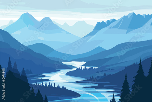 Green misty blue mountains, Misty blue mountains nature background, Blue silhouettes of misty mountains and hills, Vector illustration