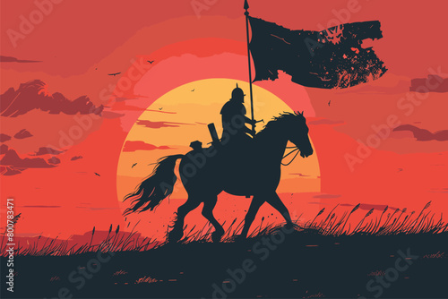 Silhouette of a medieval knight on horse carrying a flag , Silhouette of a medieval knight on horse, Horse on sunset background, Vector illustration