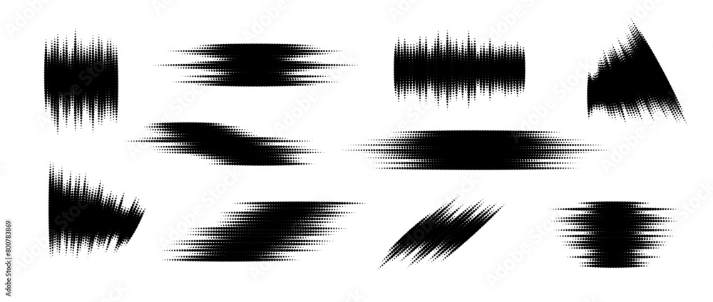 Halftone glitch element set. Dotted textured random form collection. Grunge abstract halftone spikey shapes for print, banner, poster, collage, overlay, label, tag. Distressed grunge vector pack