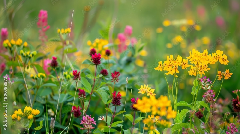Vibrant bursts of goldenrod and red clover dancing a tangled grasses..