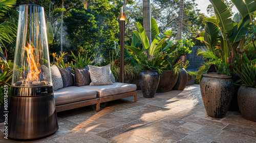 An opulent backyard design with a patio area paved in exotic hardwood, featuring a luxurious daybed and a collection of tropical plants in oversized planters.  photo