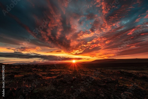 Fiery sunset over a volcanic landscape  red  orange  and yellow dominate