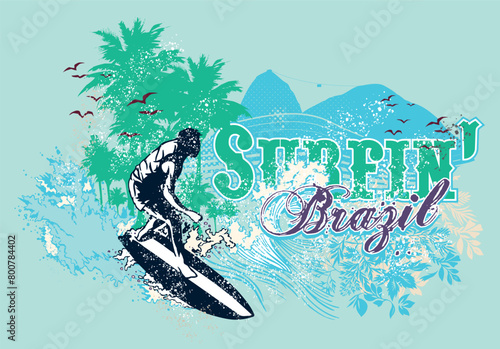 Vector illustration of surfer silhouette with flowers and mountain in the background. Art alluding to surfing in the city of Rio de Janeiro, Brazil.