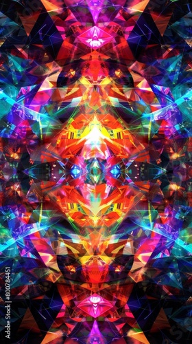 Kaleidoscopic geometric design, mirrored triangles, neon and holographic effects