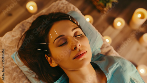 A woman with her eyes closed is lying in an acupuncture session. the concept of a healthy vacation