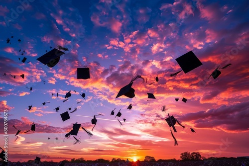 Graduation caps thrown in the air photo