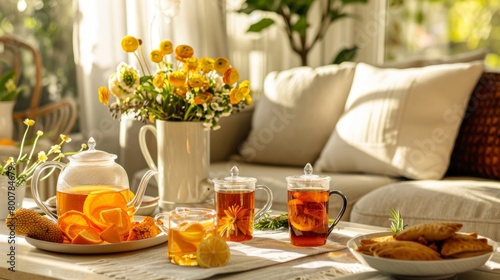 A brunch gathering in a bright and airy living room with a variety of homemade flavorful hot teas like chamomile and citrus ginger.