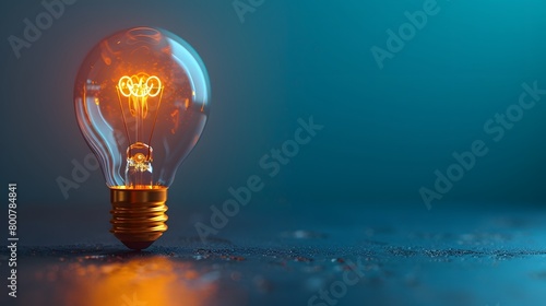 A light bulb illuminated on a block with space for text on a solid, impactful teal background, symbolizing innovation and ideas for business or educational concepts. photo