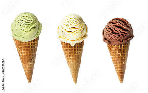 Ice cream scoop on waffle cone on transparent background