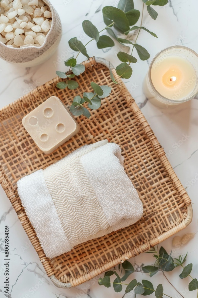 Top-view shot of a woven bamboo tray with rolled towels, a bar of handmade soap, a sprig of eucalyptus, and a flickering candle Top-view shot of a woven bamboo tray with rolled towels, a bar of handmade soap, a sprig of eucalyptus, and a flickering candle