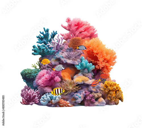 A vibrant coral reef with a variety of colorful corals and small fish isolated on a transparent background. Generative AI © Breyenaiimages