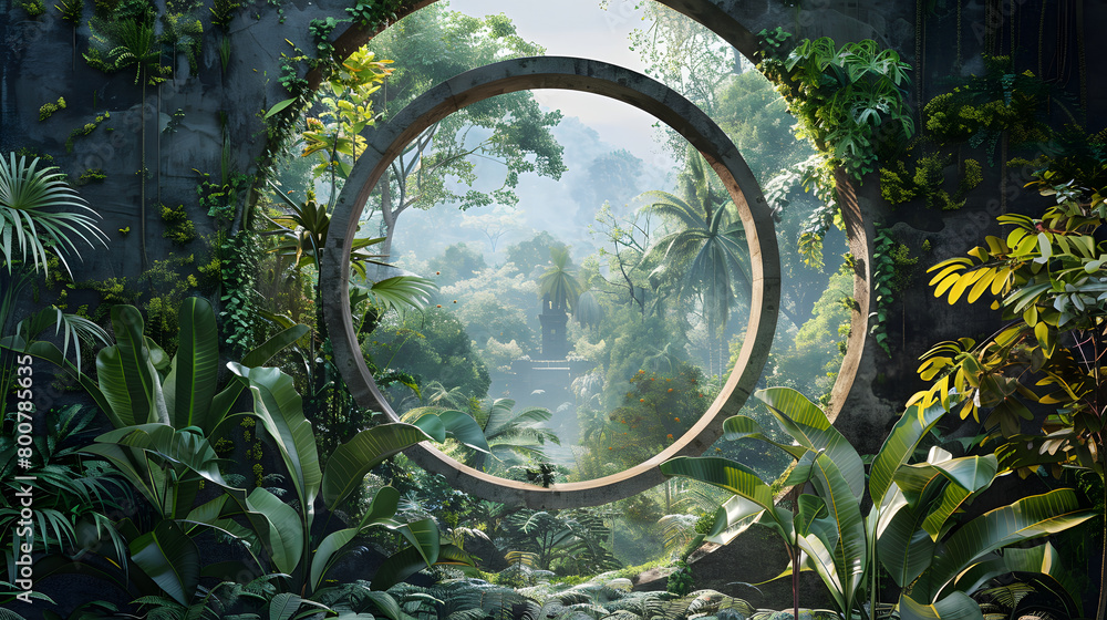Obraz premium Magic forest, ancient ruins hidden in the middle of the forest, beautifully framed by a circle shape.