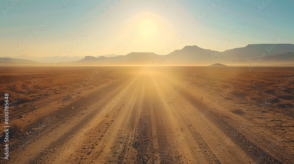 Obraz premium Outdoor Arizona western nature landscape background features a long, dusty road path through the hot, sandy desert. This setting creates a perfect vibe for a road trip, travel adventure, and explorati