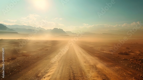 Outdoor Arizona western nature landscape background features a long  dusty road path through the hot  sandy desert. This setting creates a perfect vibe for a road trip  travel adventure  and explorati