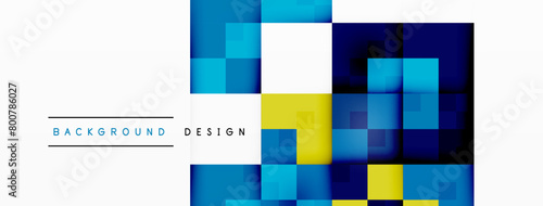 An abstract background featuring a mix of blue and yellow squares on a white backdrop. The colorfulness and symmetry create a visually stimulating pattern in the realm of visual arts