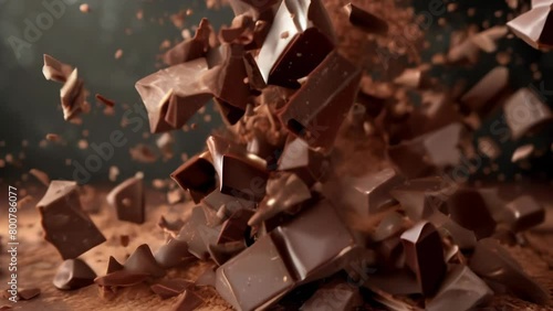 Shattered chunks of rich, dark chocolate explode in a burst of indulgent energy. Irregular shards and slivers fly in all directions, catching the light and creating an exhilarating sense of movement.  photo