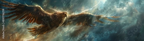 A majestic golden eagle soars through a stormy sky, its powerful wings beating against the wind and rain. photo