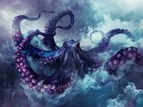 A giant octopus emerges from the depths of the ocean, its tentacles flailing wildly.