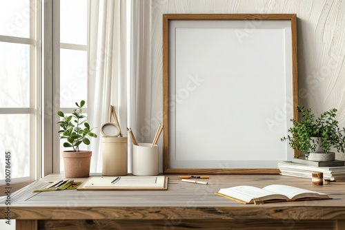 Close up view of worktable with copy space, mock up frame and stationery in home office