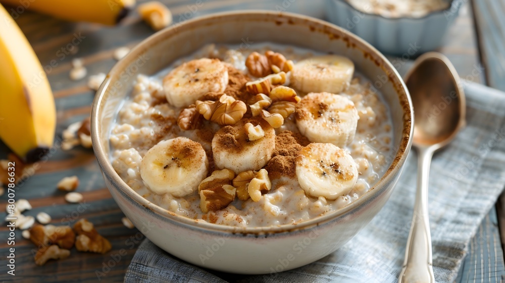 A bowl of creamy oatmeal topped with sliced bananas, nuts, and a sprinkle of cinnamon, promising a comforting yet nutritious breakfast.
A bowl of creamy oatmeal topped with sliced bananas, nuts, and a sprinkle of cinnamon, promising a comforting yet nutritious breakfast.